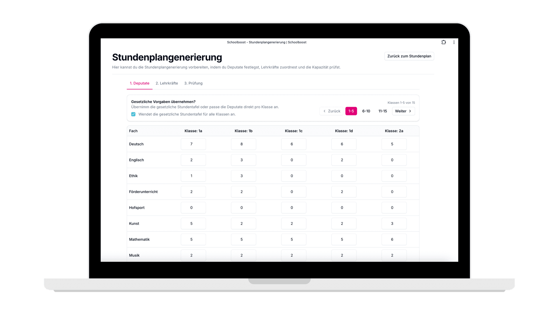 schoolboost automatischer Stundenplaner – Deputate pro Klasse mit gesetzlicher Stundentafel hinterlegen