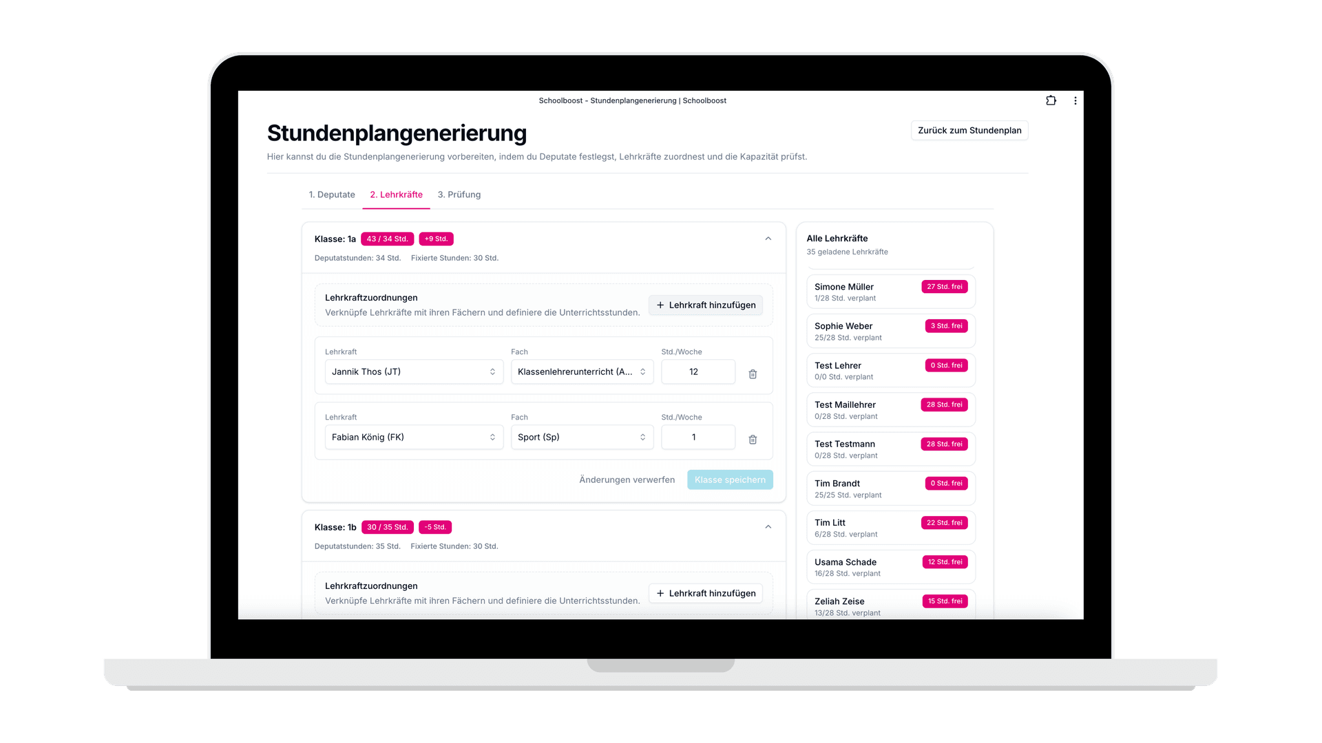schoolboost automatischer Stundenplaner – Lehrkraftzuordnung mit Echtzeit-Stundenkapazität