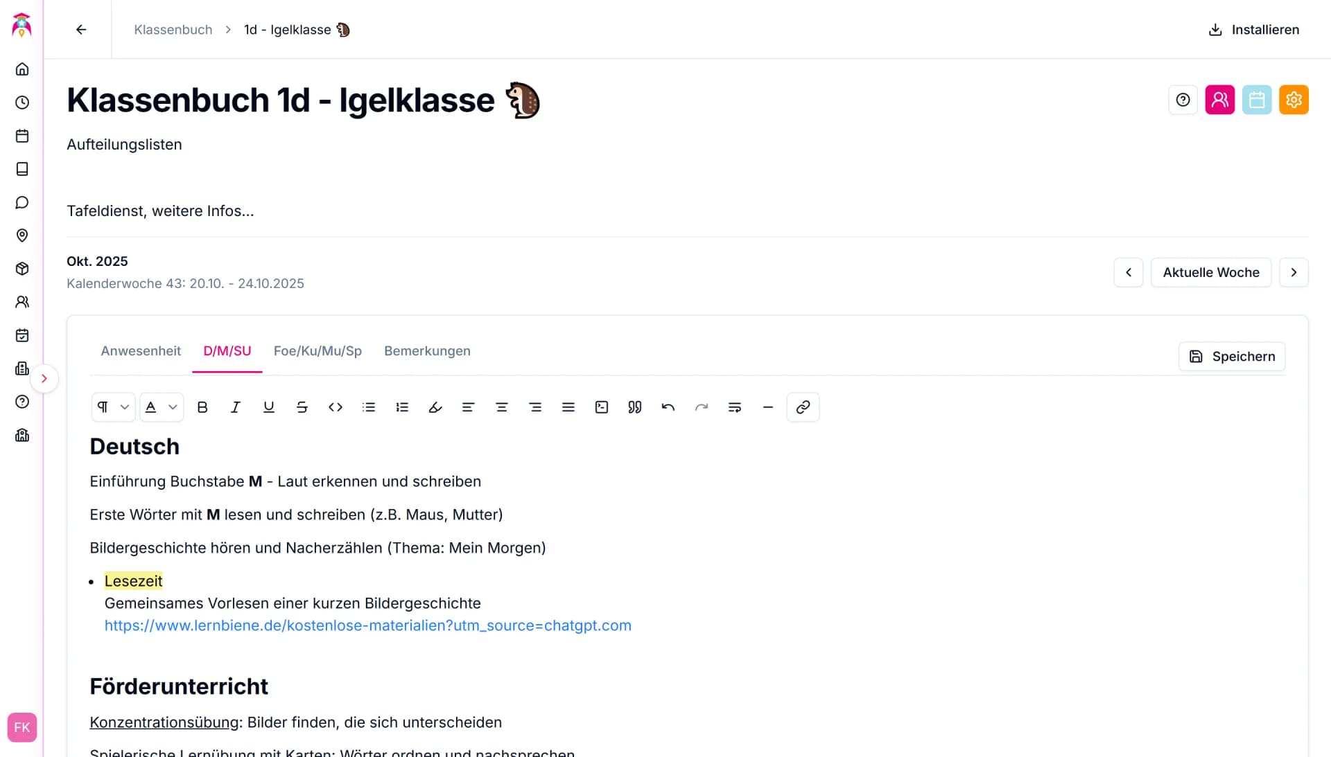 Wochenbericht Hauptfächer – strukturierte Dokumentation von Deutsch, Mathe, Sachunterricht im digitalen Klassenbuch