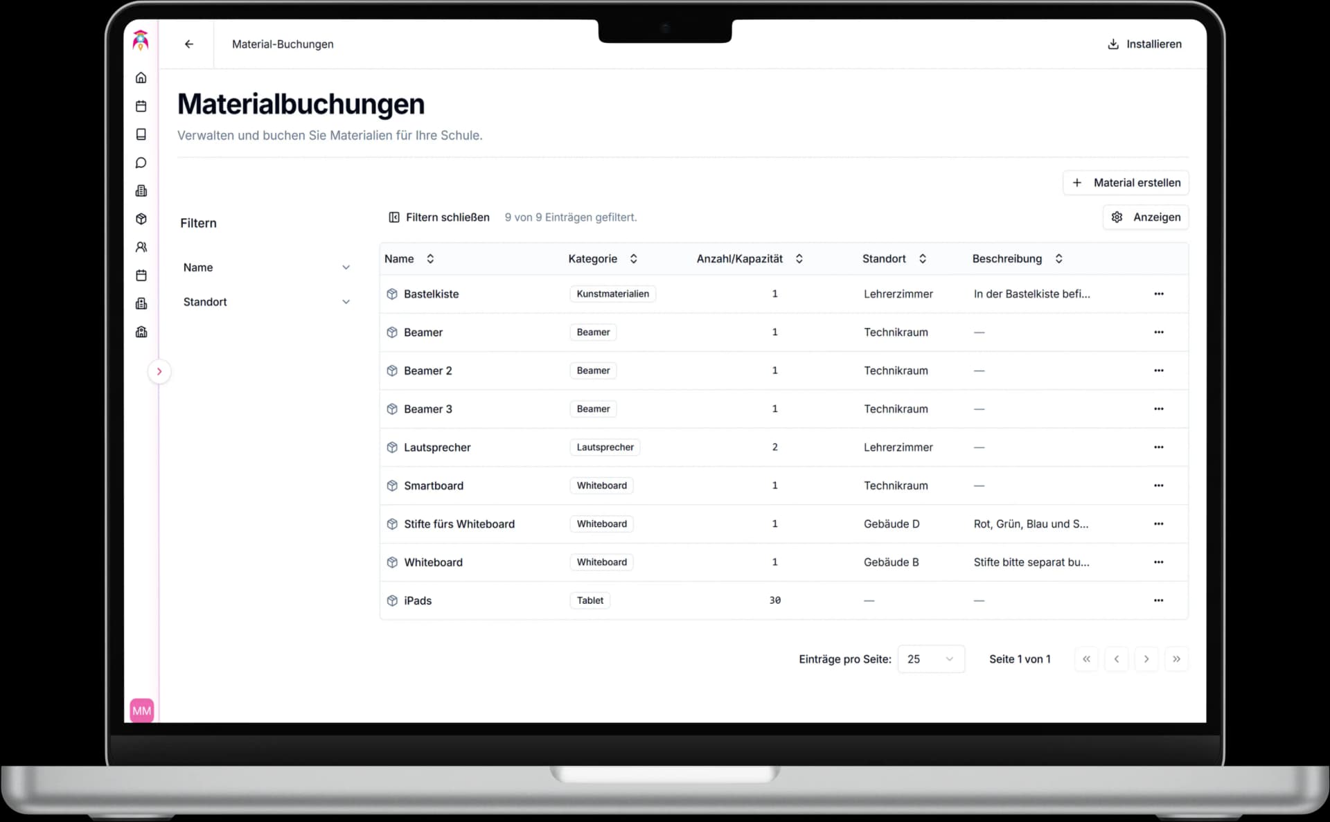 schoolboost Materialverwaltung Dashboard für Grundschulen - Übersichtliche Verwaltung und Buchung von Schulressourcen