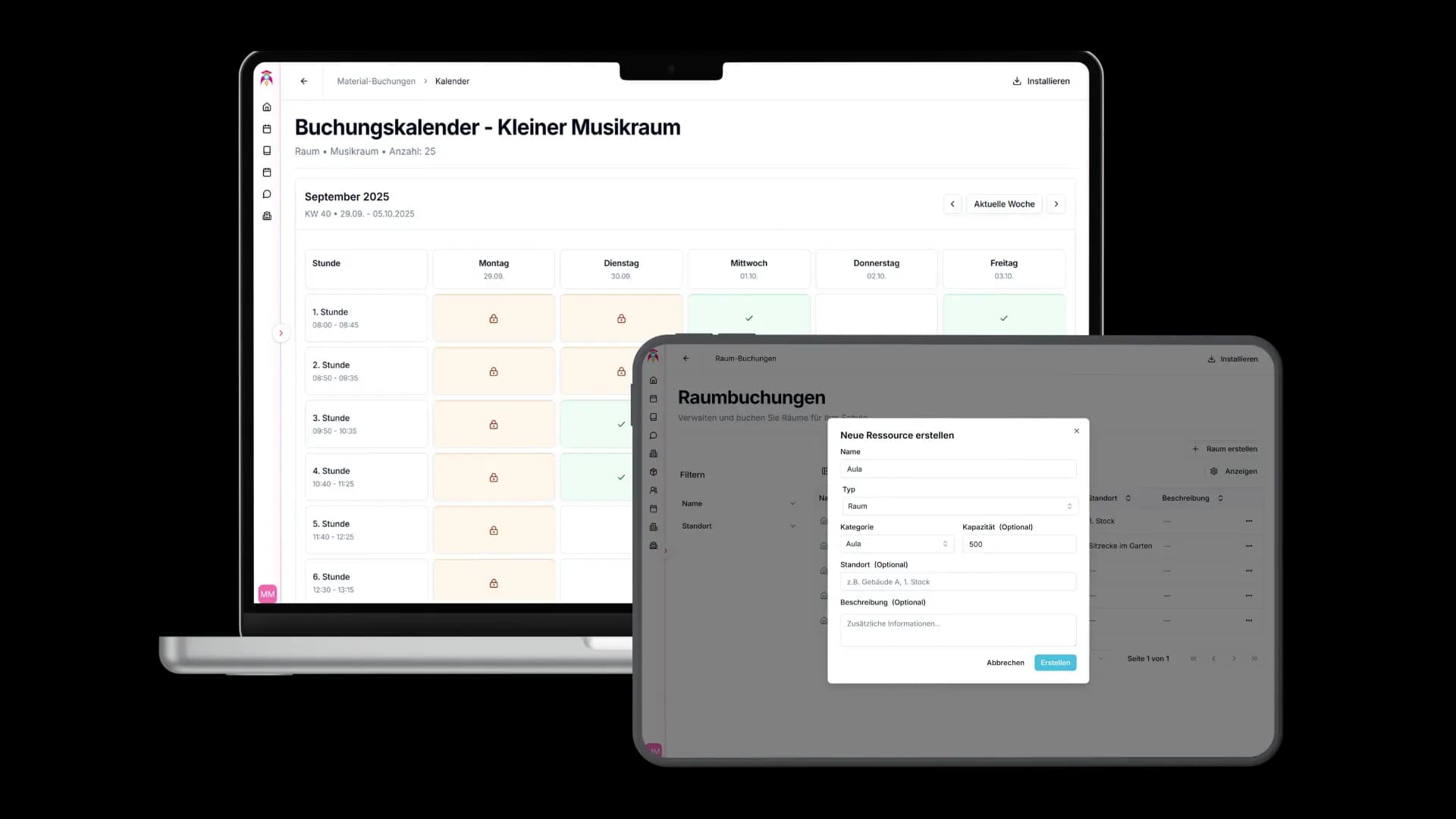 Digital room booking system for schools showing calendar interface with room availability and booking management