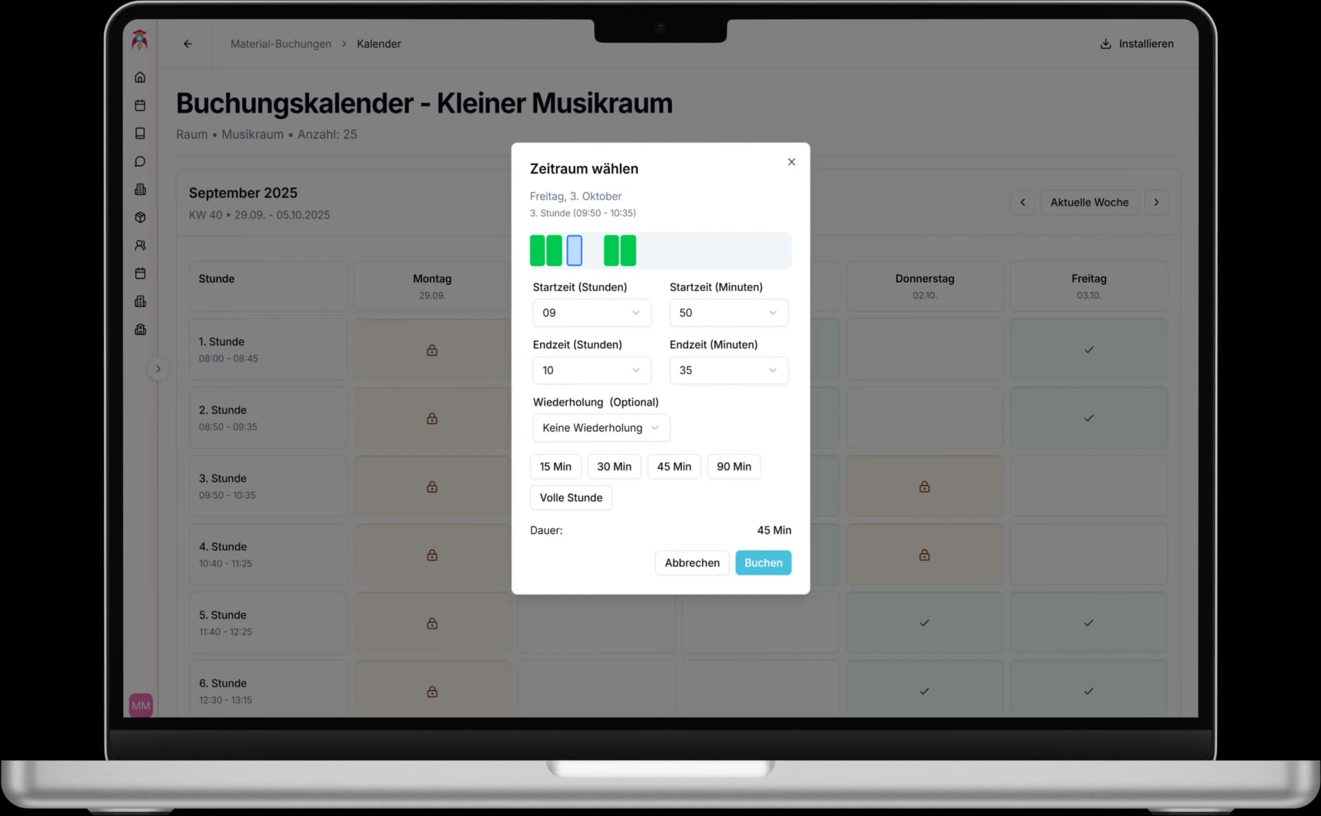 Step-by-step room booking process showing simple calendar interface for selecting rooms, dates and times with availability checking
