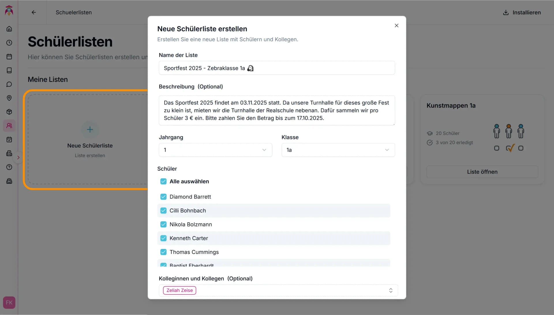 Schülerliste erstellen – Name, Beschreibung, Klasse und Schüler definieren