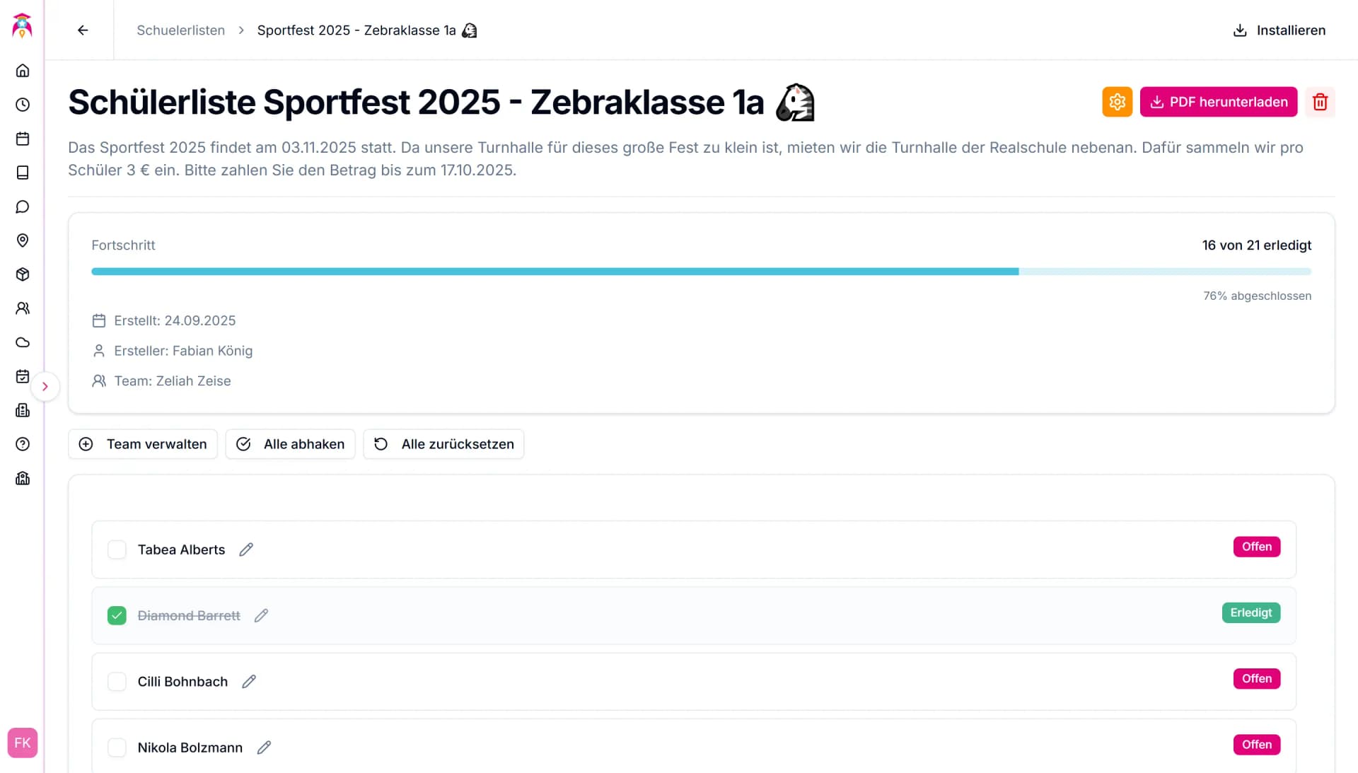Schülerliste fertig bearbeitet – Fortschritt pro Schüler klar sichtbar