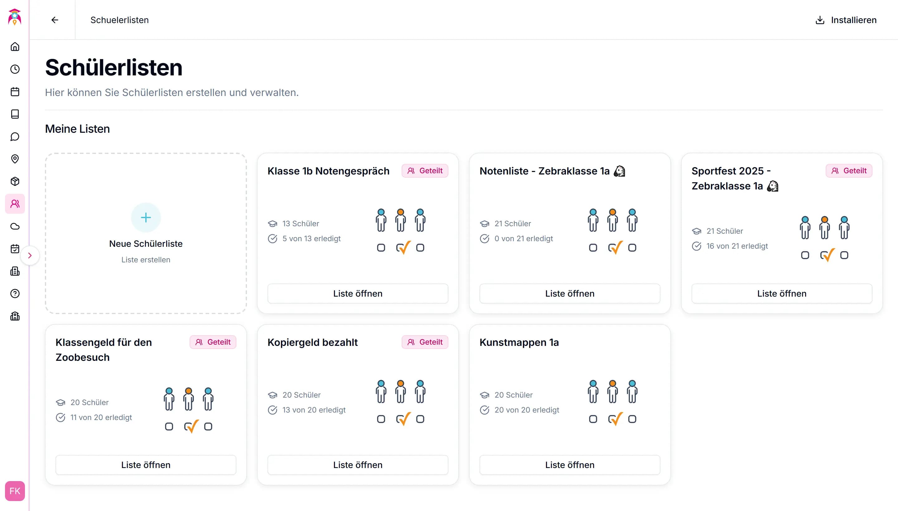 schoolboost Schülerlisten – Übersicht aller aktiven Listen einer Klasse