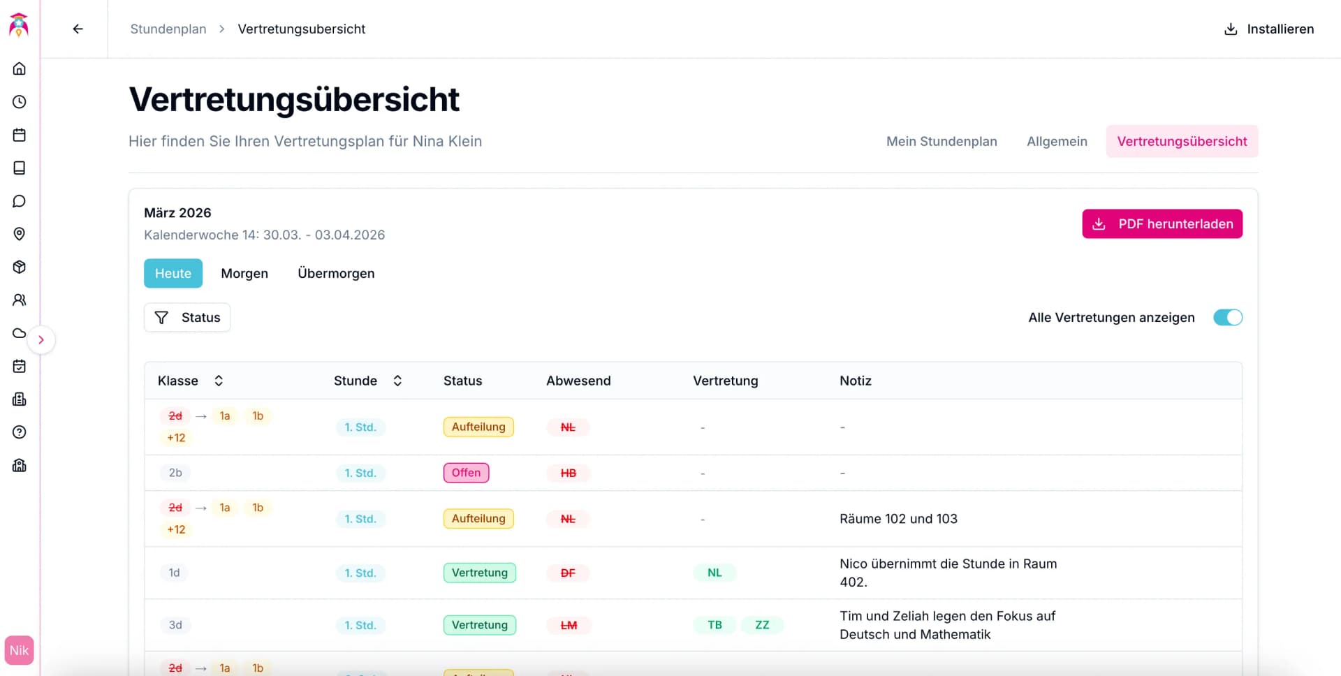 Vertretungsplan-Ansicht für Lehrkräfte – eigene Einsätze farblich hervorgehoben