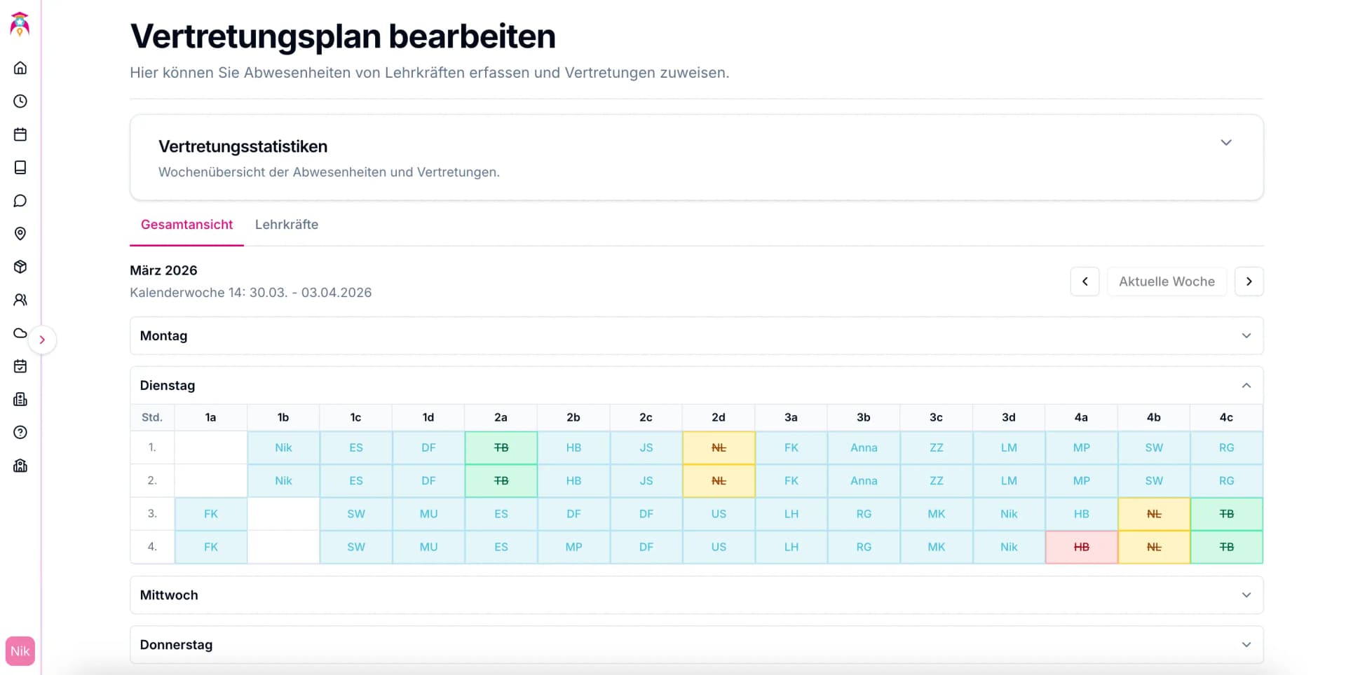 Vertretungsplan bearbeiten – Abwesenheit und Status für eine Lehrkraft festlegen
