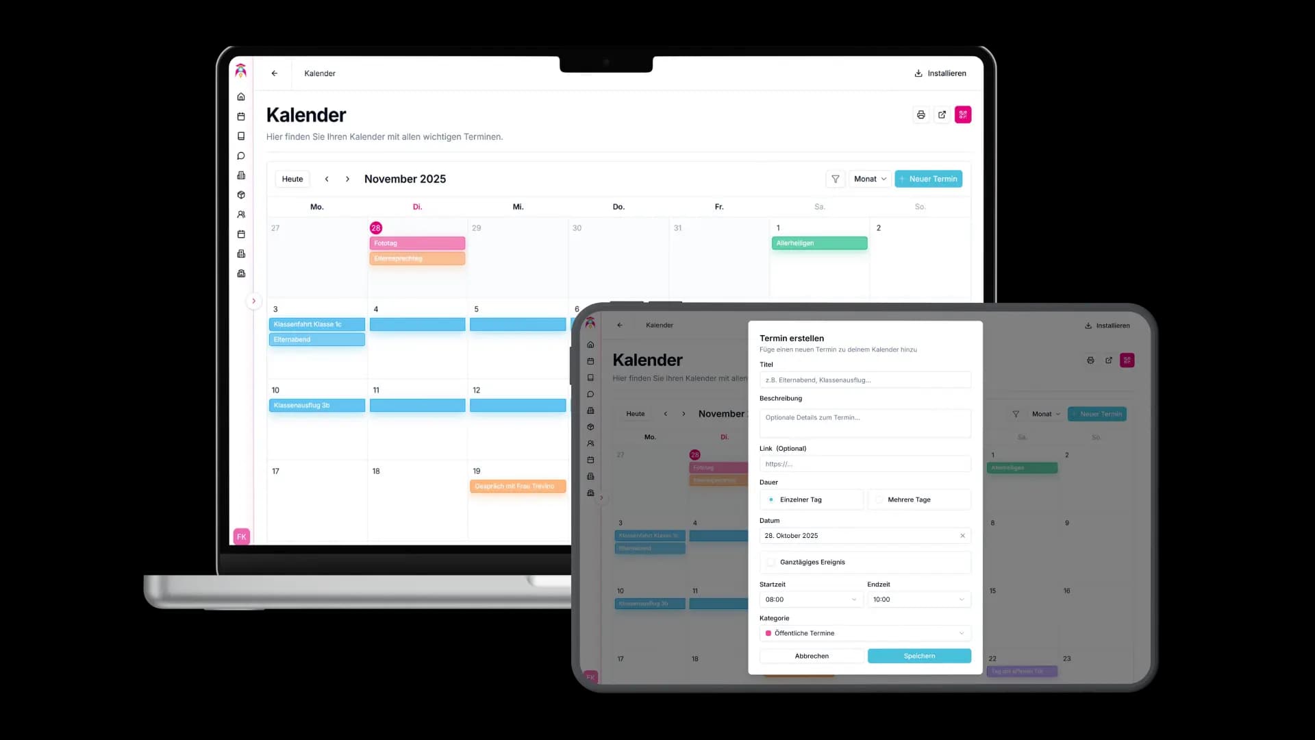 Kalenderübersicht der schoolboost Plattform mit farblich markierten Terminen