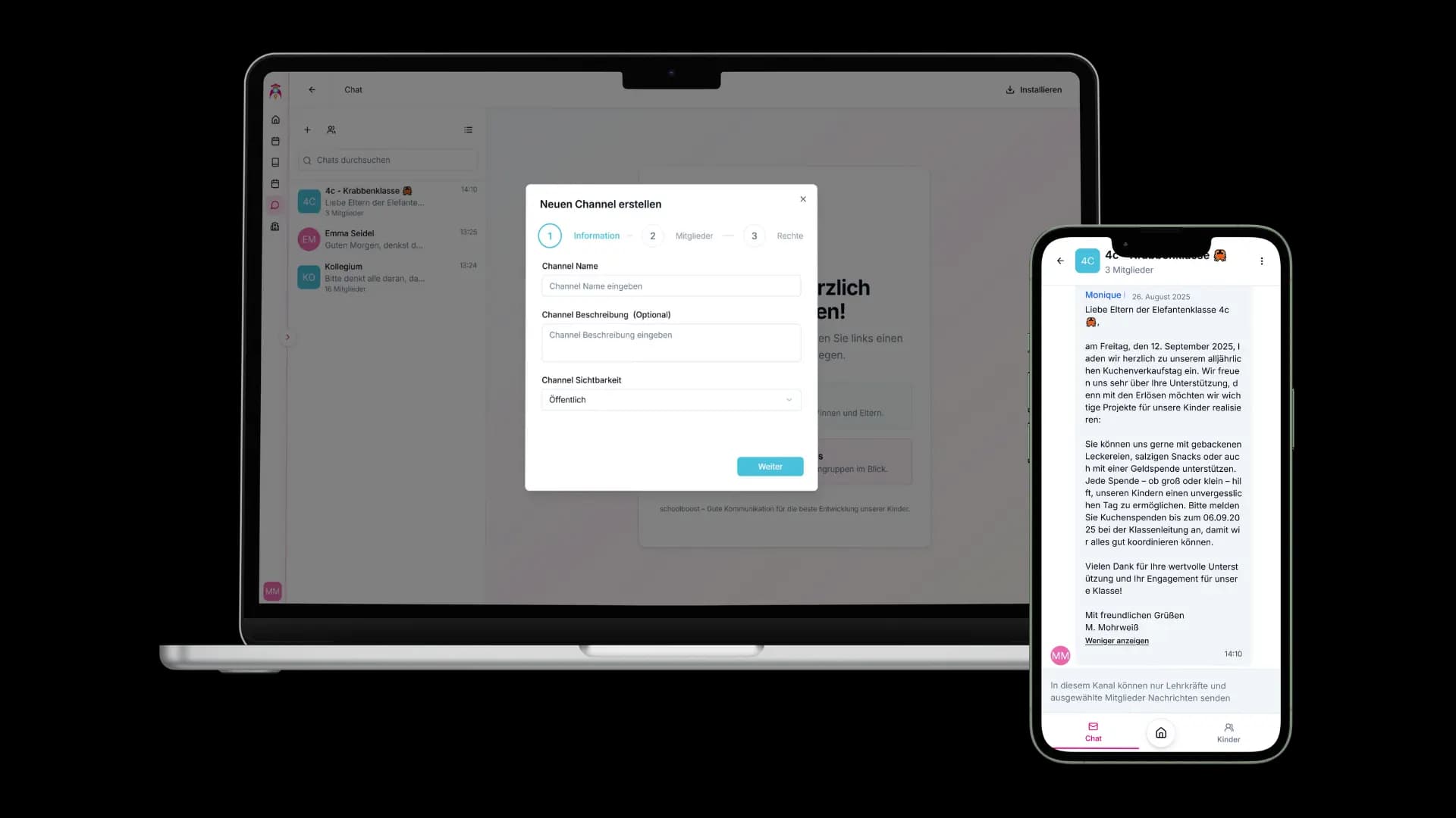 Digital school communication platform interface showing messaging between teachers, parents and students